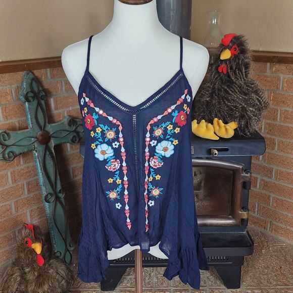 Jolt Tops - Jolt Navy Blue Embroidered Sleeveless Top Size M